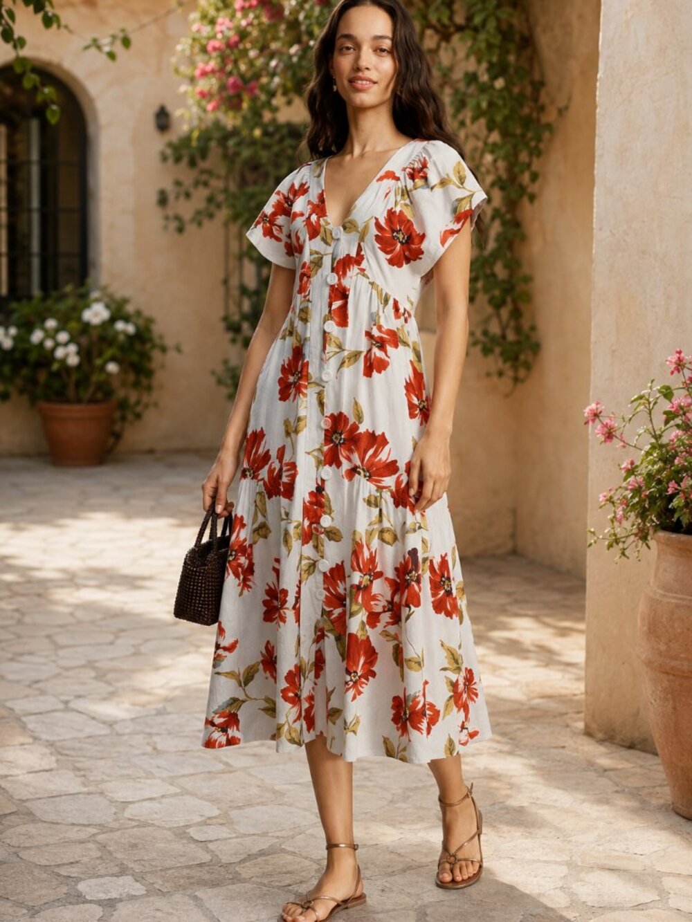 Anthropologie Renee Flutter Sleeve Linen Button Front Floral Midi Dress 1X